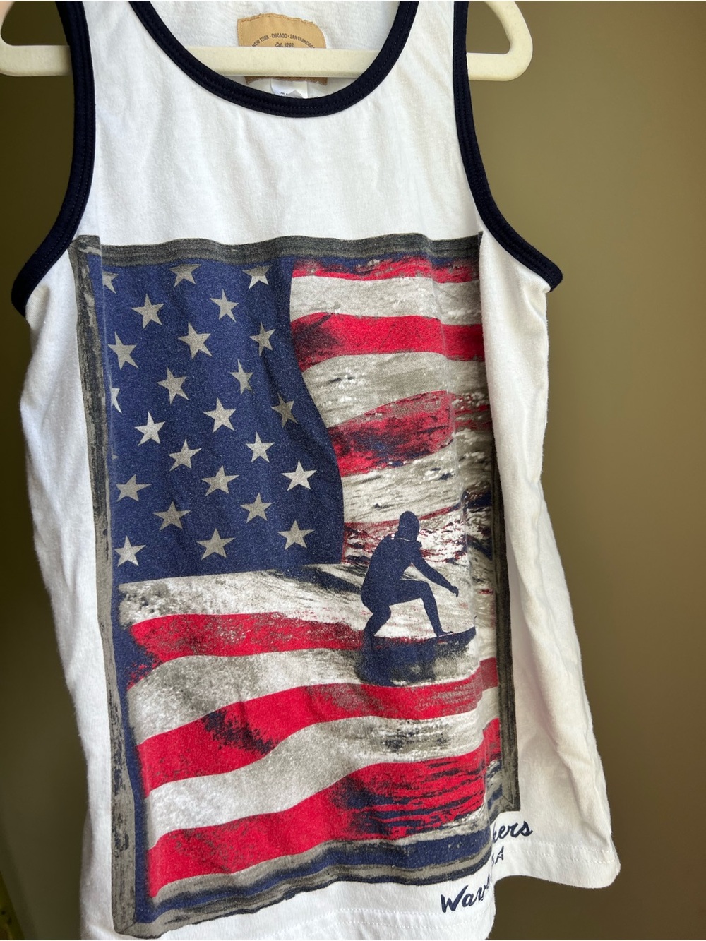 Roebuck & Co Boys size 8 White Tank with American Flag Surf Graphic